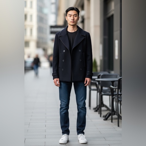 Jaeger Men's Classic Black Pea Coat - 100% Virgin Wool - Picture 4 of 4